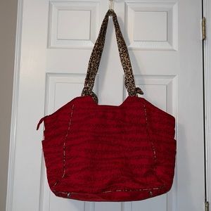 Chicos red embroidered satin zipped tote